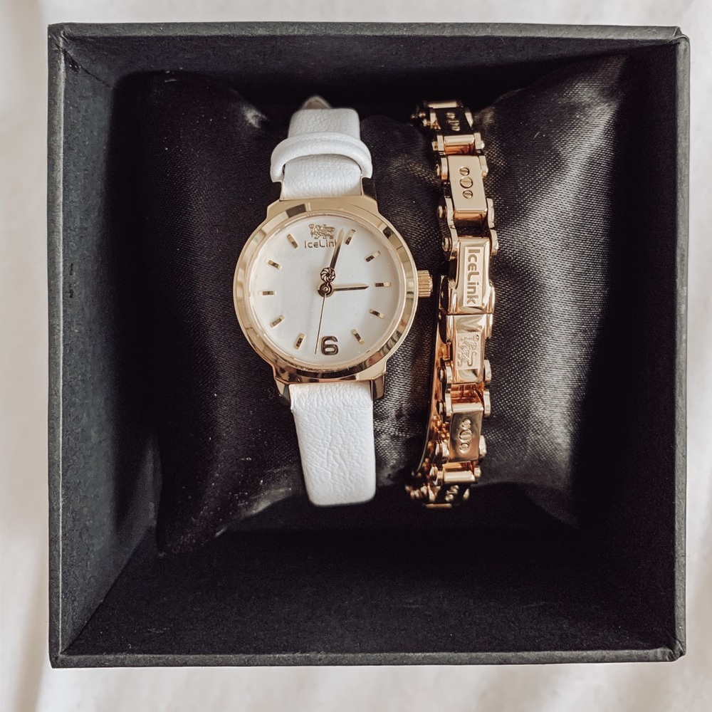 IceLink white watch and gold bracelet